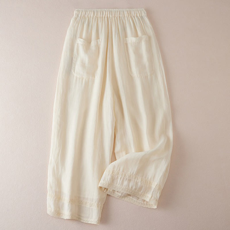 Spodnie damskie z szerokimi nogawkami i kieszeniami, w stylu casual z podszewką z Buddha Stones, bawełniane, o długości 7-8 - image 1