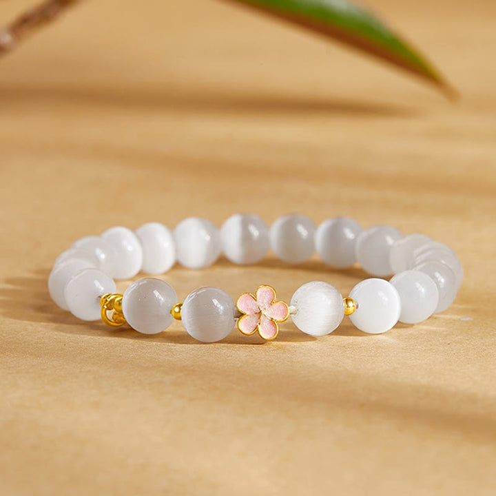 Buddha Stones , srebro próby 925, torebka szczęścia z kwiatem brzoskwini, biała bransoletka z kocim okiem - Białe kocie oko (obwód nadgarstka: 17-19 cm) - image 1