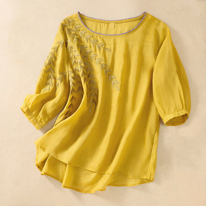 Damska bawełniana lniana koszulka z krótkim rękawem i haftowanymi liśćmi z Buddha Stones - Złoto - US8-10，UK/AU12-14，EU40-42 (2XL) - image 0