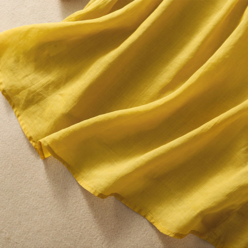 Damska bawełniana lniana koszulka z krótkim rękawem i haftowanymi liśćmi z Buddha Stones - image 6