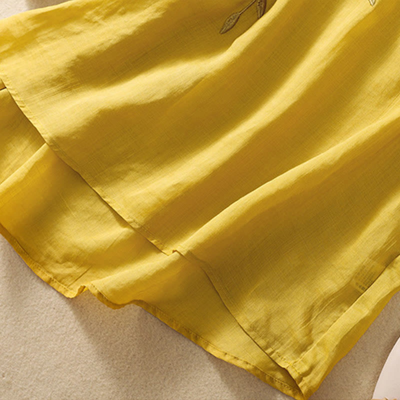 Damska bawełniana lniana koszulka z krótkim rękawem i haftowanymi liśćmi z Buddha Stones - image 9