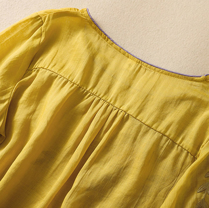 Damska bawełniana lniana koszulka z krótkim rękawem i haftowanymi liśćmi z Buddha Stones - image 5