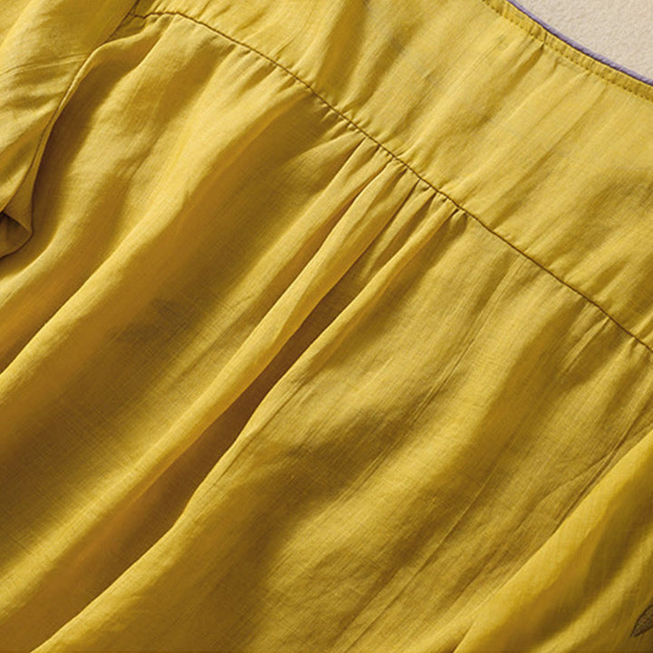 Damska bawełniana lniana koszulka z krótkim rękawem i haftowanymi liśćmi z Buddha Stones - image 3