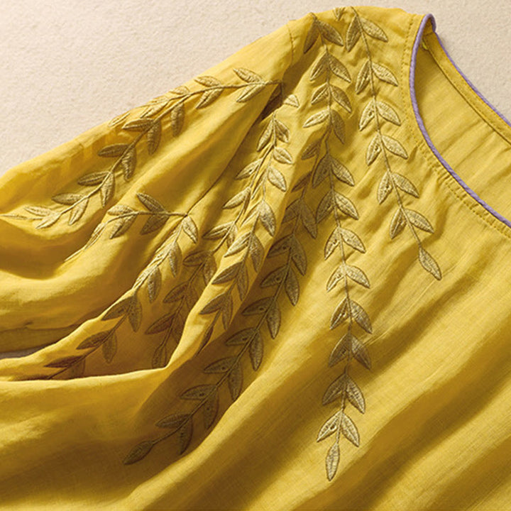 Damska bawełniana lniana koszulka z krótkim rękawem i haftowanymi liśćmi z Buddha Stones - image 2