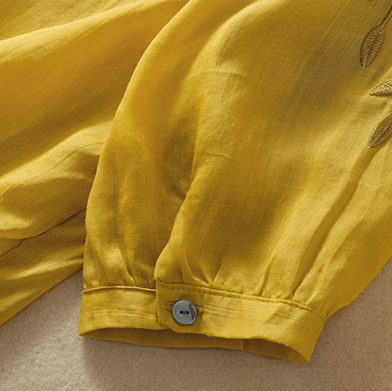 Damska bawełniana lniana koszulka z krótkim rękawem i haftowanymi liśćmi z Buddha Stones - image 8