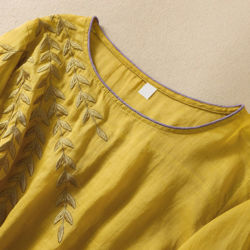 Damska bawełniana lniana koszulka z krótkim rękawem i haftowanymi liśćmi z Buddha Stones - image 4