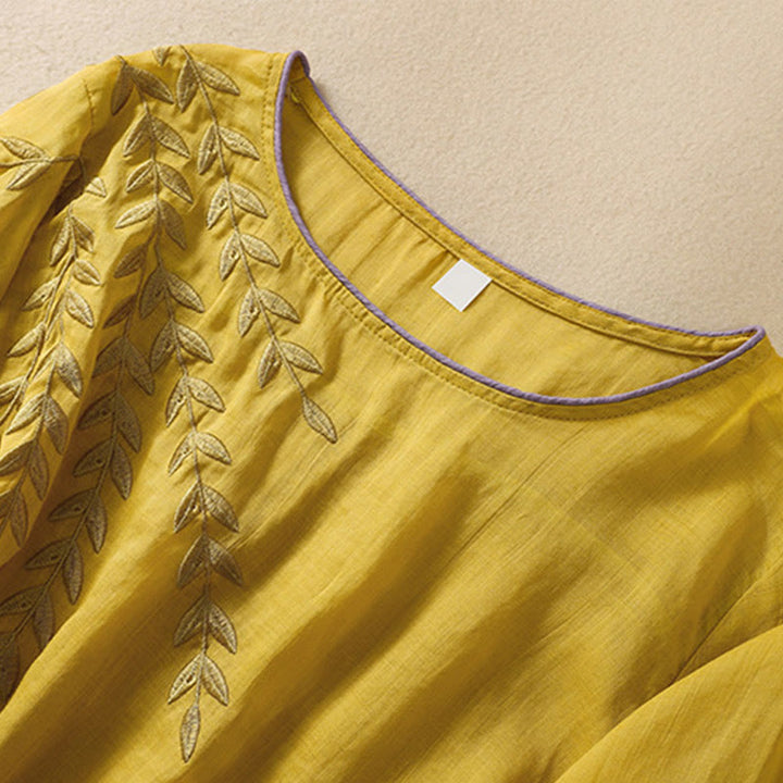 Damska bawełniana lniana koszulka z krótkim rękawem i haftowanymi liśćmi z Buddha Stones - image 4