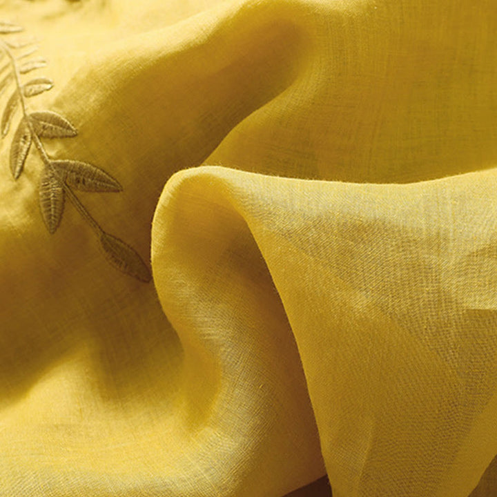 Damska bawełniana lniana koszulka z krótkim rękawem i haftowanymi liśćmi z Buddha Stones - image 7