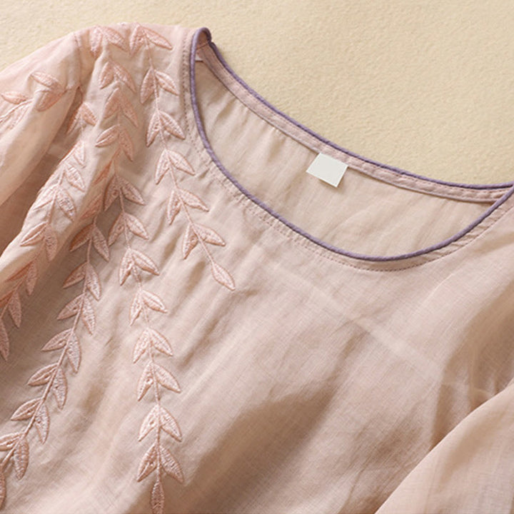 Damska bawełniana lniana koszulka z krótkim rękawem i haftowanymi liśćmi z Buddha Stones - image 17