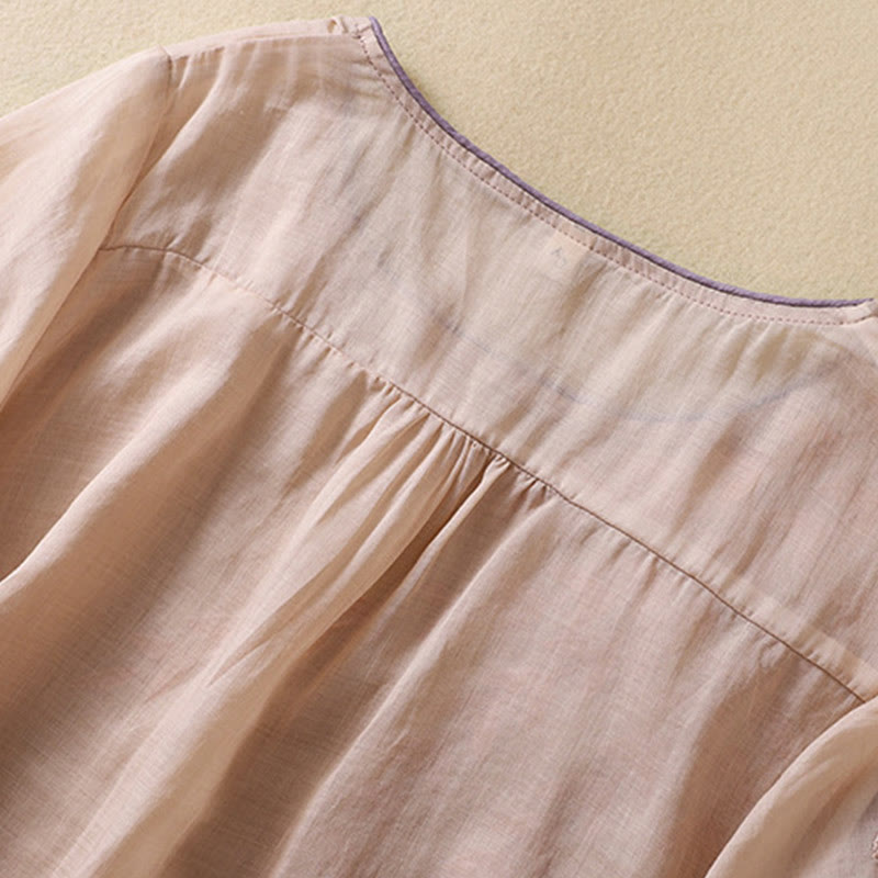 Damska bawełniana lniana koszulka z krótkim rękawem i haftowanymi liśćmi z Buddha Stones - image 14