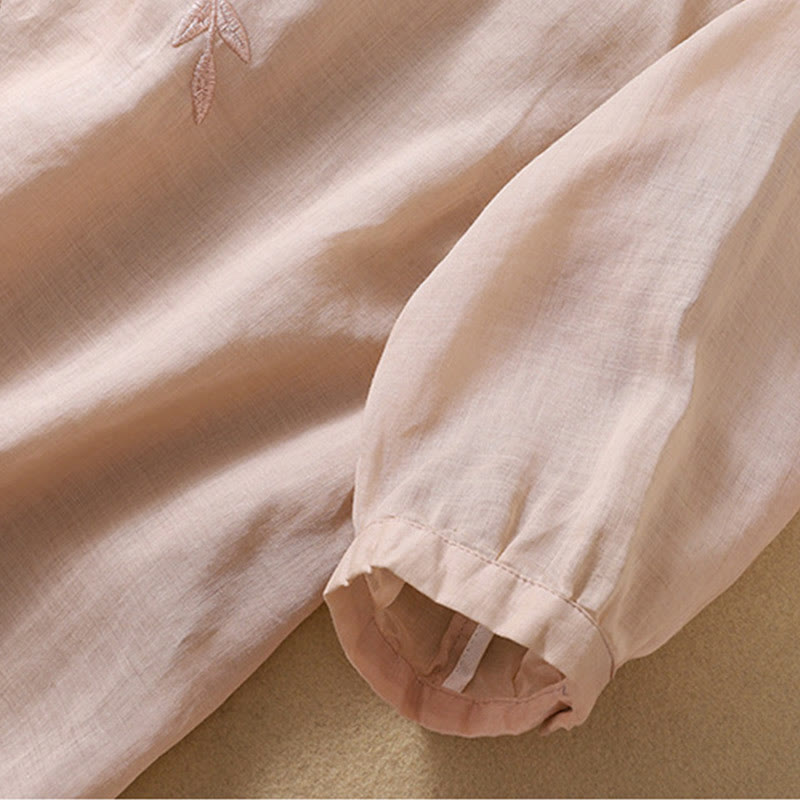 Damska bawełniana lniana koszulka z krótkim rękawem i haftowanymi liśćmi z Buddha Stones - image 18