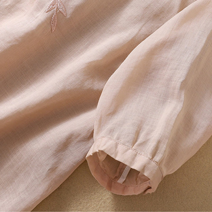 Damska bawełniana lniana koszulka z krótkim rękawem i haftowanymi liśćmi z Buddha Stones - image 18