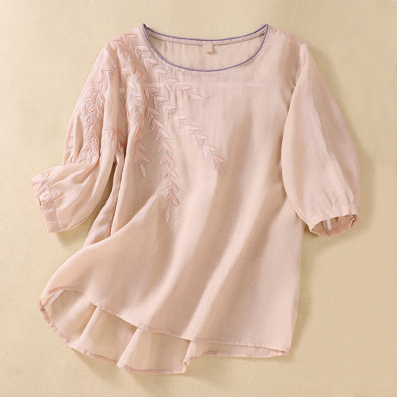 Damska bawełniana lniana koszulka z krótkim rękawem i haftowanymi liśćmi z Buddha Stones - MistyRose - US8-10，UK/AU12-14，EU40-42 (2XL) - image 11