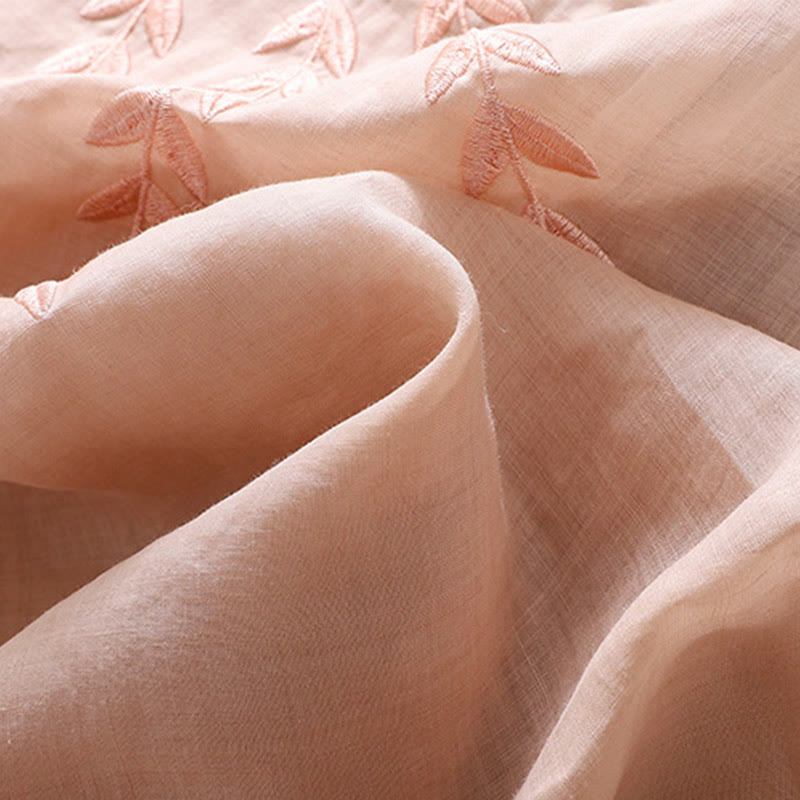 Damska bawełniana lniana koszulka z krótkim rękawem i haftowanymi liśćmi z Buddha Stones - image 21