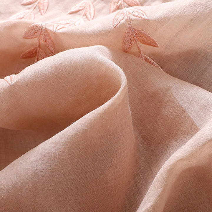 Damska bawełniana lniana koszulka z krótkim rękawem i haftowanymi liśćmi z Buddha Stones - image 21