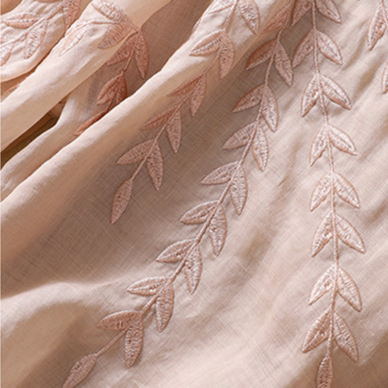 Damska bawełniana lniana koszulka z krótkim rękawem i haftowanymi liśćmi z Buddha Stones - image 20