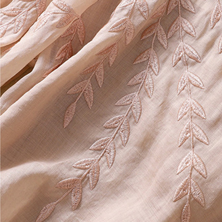 Damska bawełniana lniana koszulka z krótkim rękawem i haftowanymi liśćmi z Buddha Stones - image 20