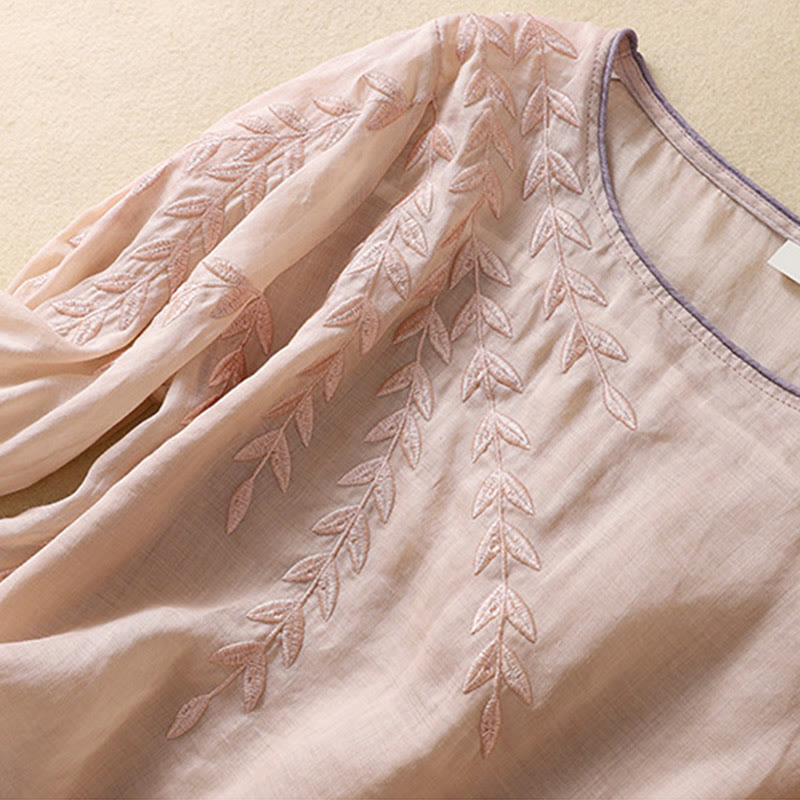 Damska bawełniana lniana koszulka z krótkim rękawem i haftowanymi liśćmi z Buddha Stones - image 13