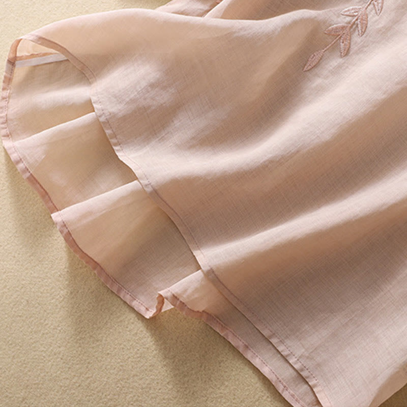 Damska bawełniana lniana koszulka z krótkim rękawem i haftowanymi liśćmi z Buddha Stones - image 19