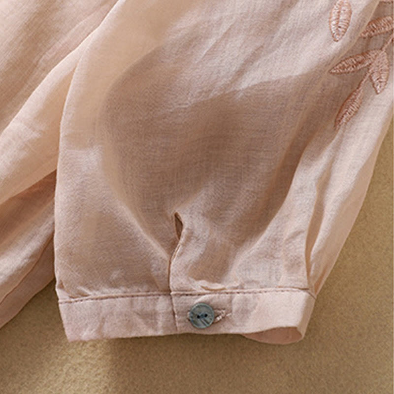 Damska bawełniana lniana koszulka z krótkim rękawem i haftowanymi liśćmi z Buddha Stones - image 16