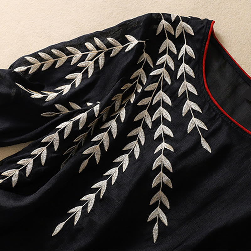 Damska bawełniana lniana koszulka z krótkim rękawem i haftowanymi liśćmi z Buddha Stones - image 29