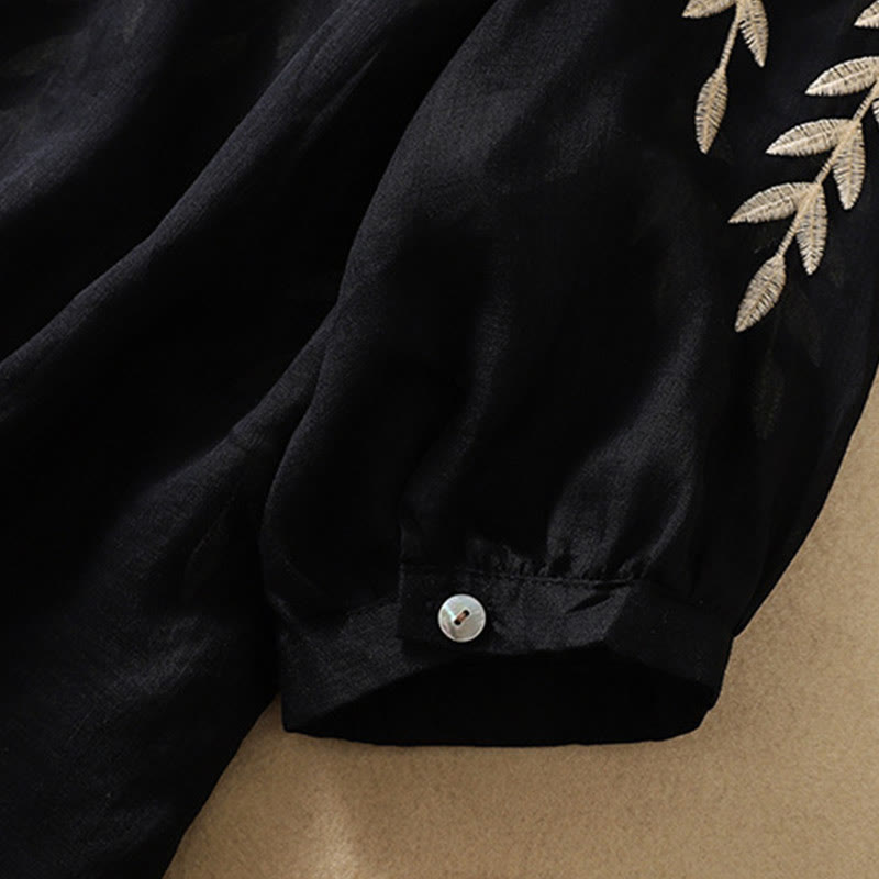 Damska bawełniana lniana koszulka z krótkim rękawem i haftowanymi liśćmi z Buddha Stones - image 26