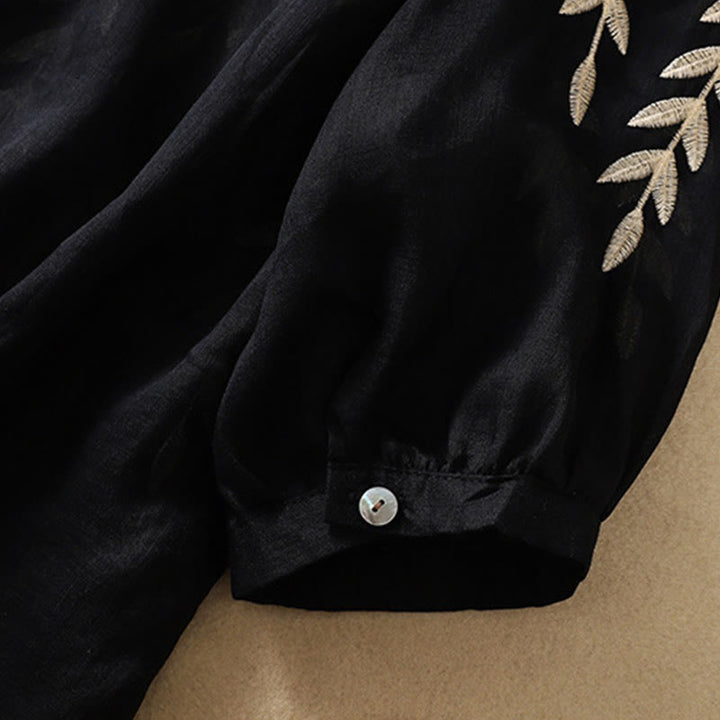 Damska bawełniana lniana koszulka z krótkim rękawem i haftowanymi liśćmi z Buddha Stones - image 26