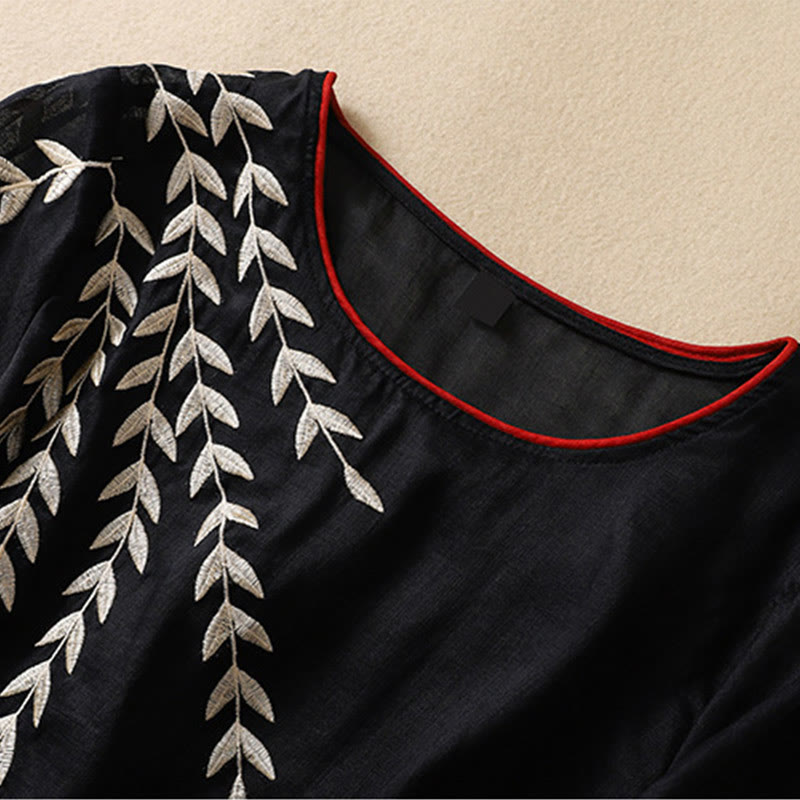 Damska bawełniana lniana koszulka z krótkim rękawem i haftowanymi liśćmi z Buddha Stones - image 24