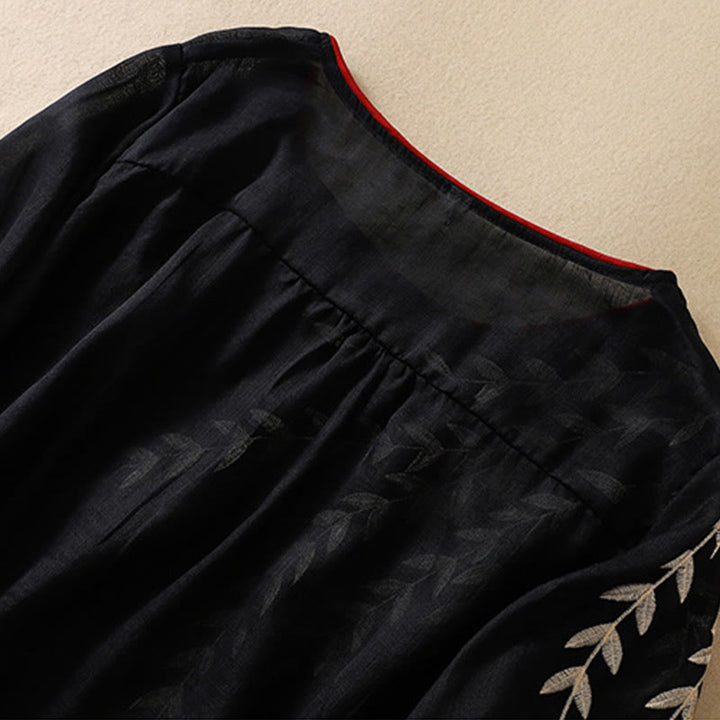 Damska bawełniana lniana koszulka z krótkim rękawem i haftowanymi liśćmi z Buddha Stones - image 25