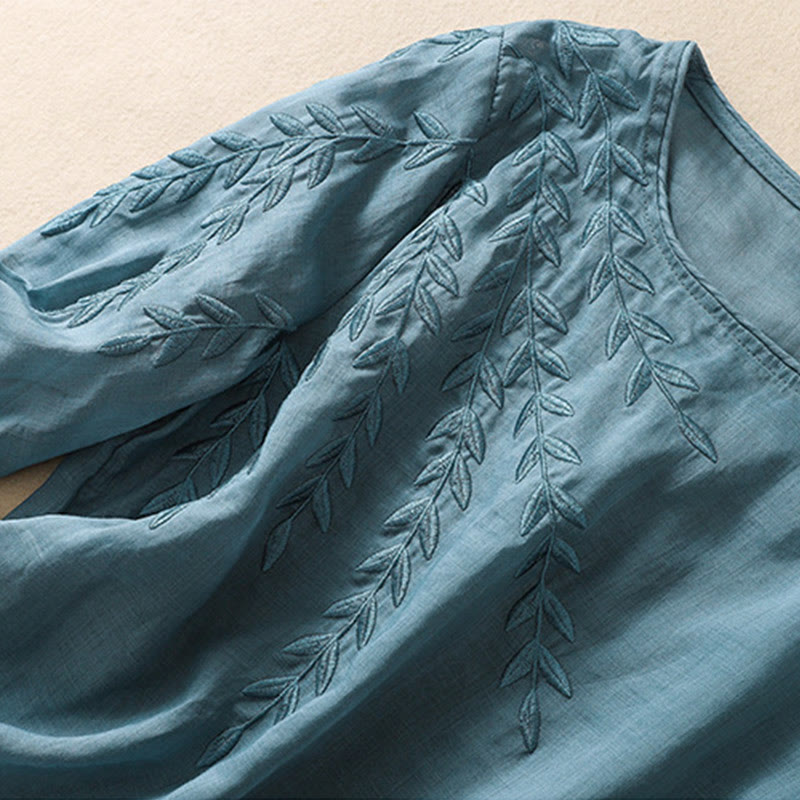 Damska bawełniana lniana koszulka z krótkim rękawem i haftowanymi liśćmi z Buddha Stones - image 34