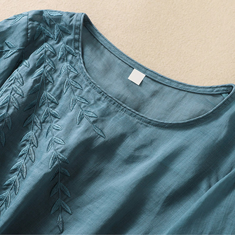 Damska bawełniana lniana koszulka z krótkim rękawem i haftowanymi liśćmi z Buddha Stones - image 32