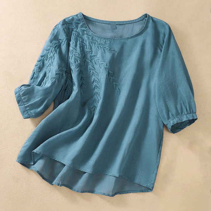 Damska bawełniana lniana koszulka z krótkim rękawem i haftowanymi liśćmi z Buddha Stones - Stalowoniebieski - US8-10，UK/AU12-14，EU40-42 (2XL) - image 30