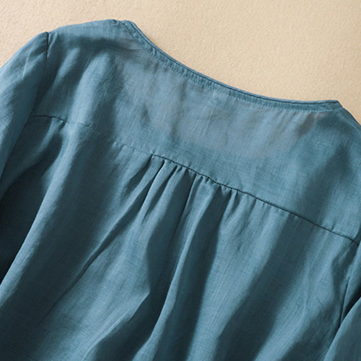 Damska bawełniana lniana koszulka z krótkim rękawem i haftowanymi liśćmi z Buddha Stones - image 33