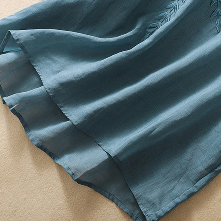 Damska bawełniana lniana koszulka z krótkim rękawem i haftowanymi liśćmi z Buddha Stones - image 35