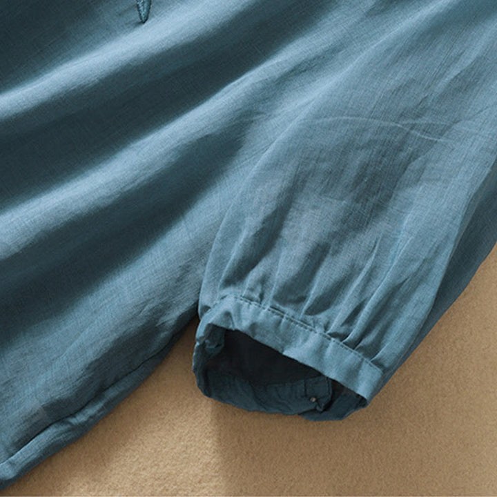 Damska bawełniana lniana koszulka z krótkim rękawem i haftowanymi liśćmi z Buddha Stones - image 36