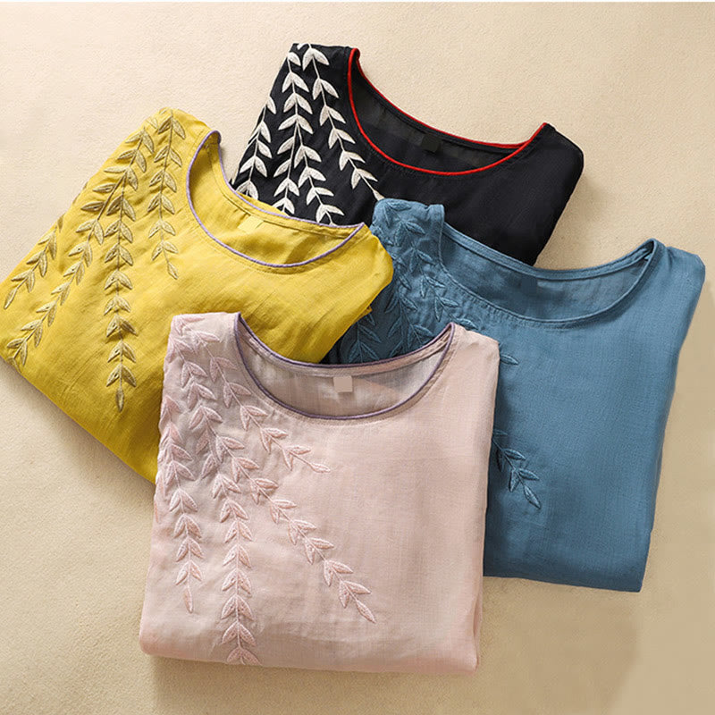 Damska bawełniana lniana koszulka z krótkim rękawem i haftowanymi liśćmi z Buddha Stones - image 37