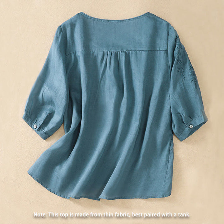 Damska bawełniana lniana koszulka z krótkim rękawem i haftowanymi liśćmi z Buddha Stones - image 31