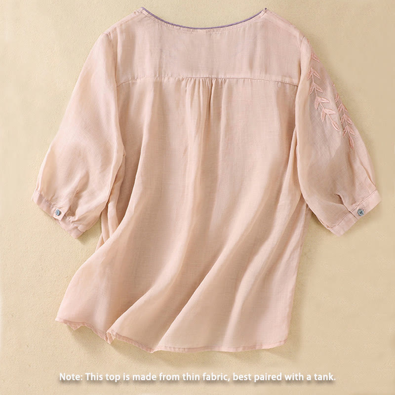 Damska bawełniana lniana koszulka z krótkim rękawem i haftowanymi liśćmi z Buddha Stones - image 12