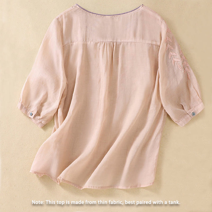 Damska bawełniana lniana koszulka z krótkim rękawem i haftowanymi liśćmi z Buddha Stones - image 12