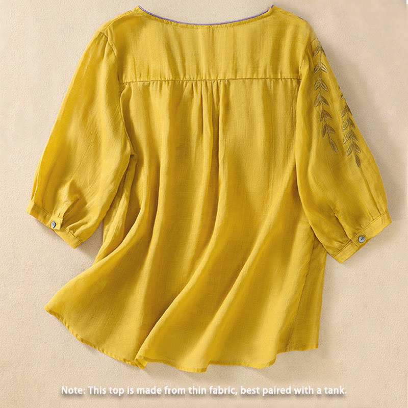 Damska bawełniana lniana koszulka z krótkim rękawem i haftowanymi liśćmi z Buddha Stones - image 1