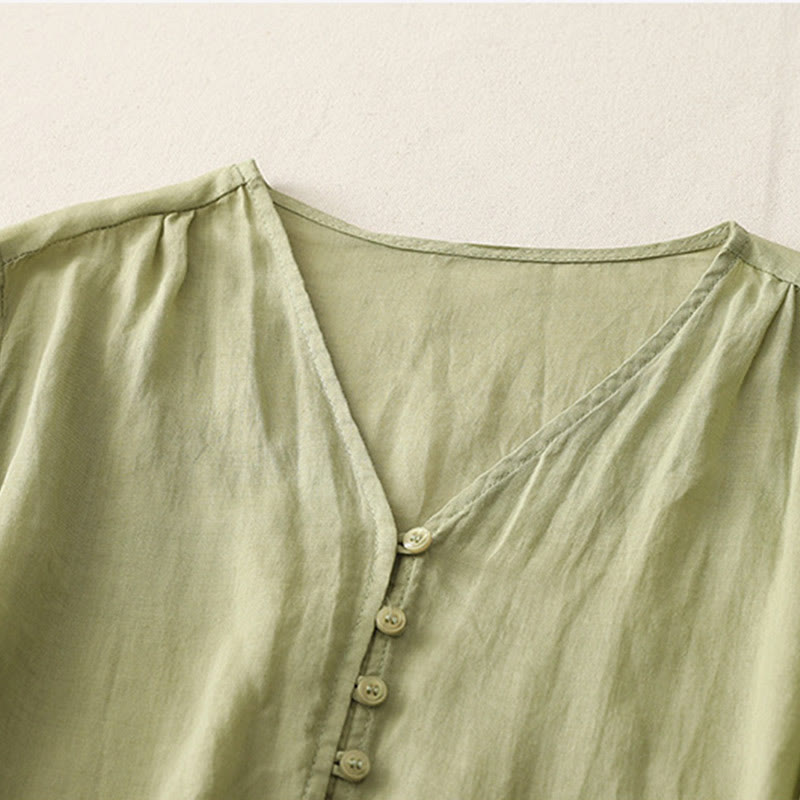 Koszula damska z bawełny i lnu z haftem i guzikami w kształcie Buddha Stones - image 2