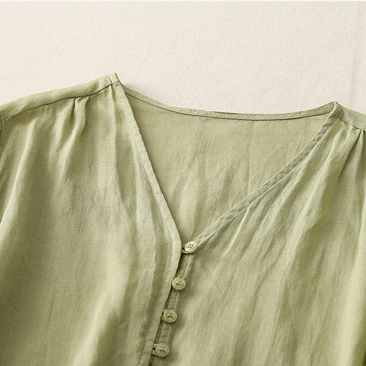 Koszula damska z bawełny i lnu z haftem i guzikami w kształcie Buddha Stones - image 2