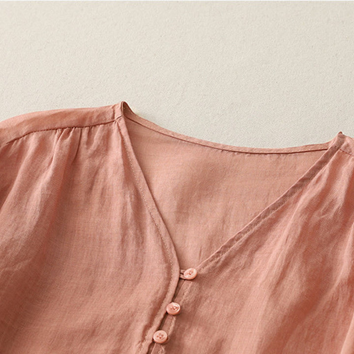 Koszula damska z bawełny i lnu z haftem i guzikami w kształcie Buddha Stones - image 26