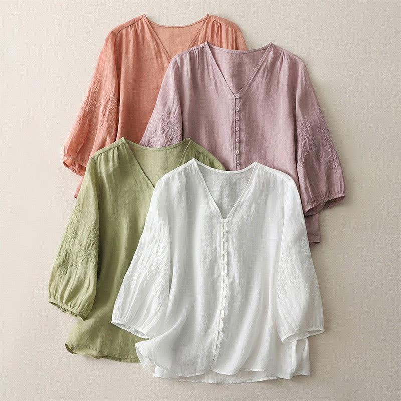 Koszula damska z bawełny i lnu z haftem i guzikami w kształcie Buddha Stones - image 28