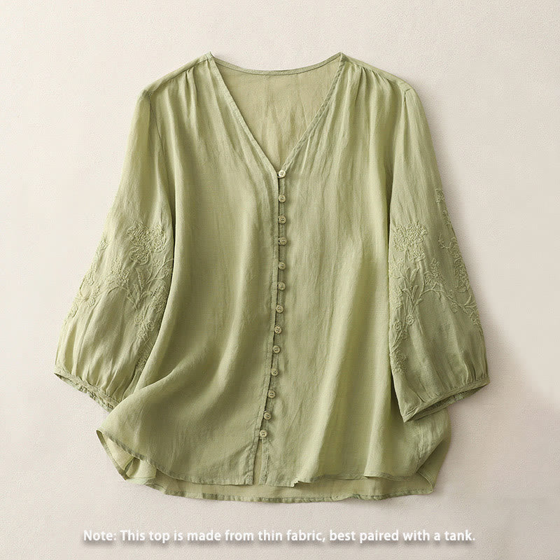 Koszula damska z bawełny i lnu z haftem i guzikami w kształcie Buddha Stones - image 1