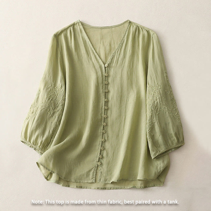 Koszula damska z bawełny i lnu z haftem i guzikami w kształcie Buddha Stones - image 1