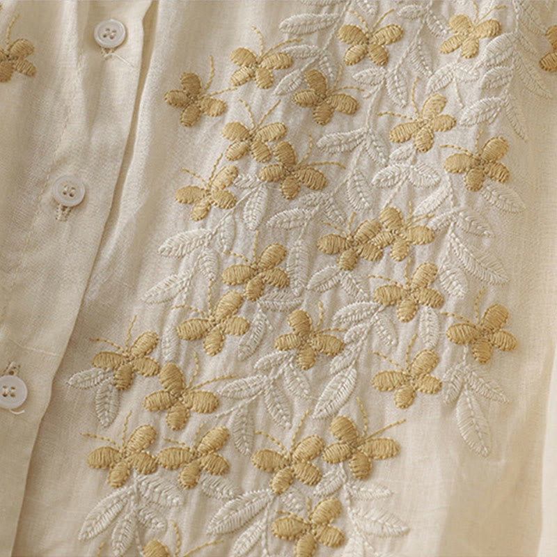 Koszula damska z bawełny i lnu, haftowane kwiaty, jednorzędowa, z Buddha Stones - image 5