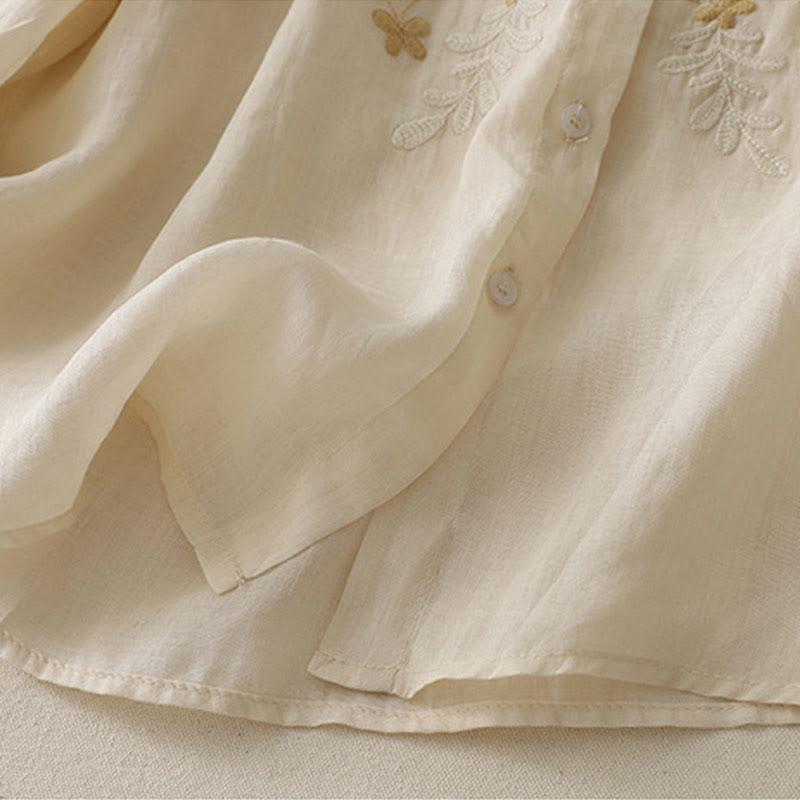 Koszula damska z bawełny i lnu, haftowane kwiaty, jednorzędowa, z Buddha Stones - image 2