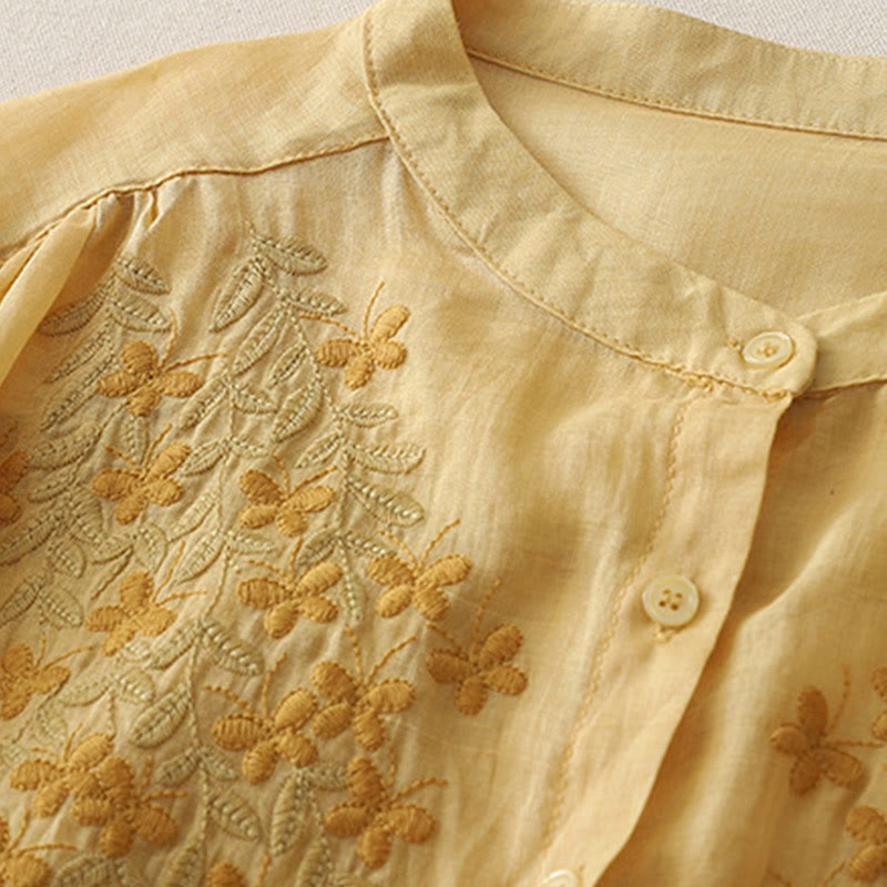 Koszula damska z bawełny i lnu, haftowane kwiaty, jednorzędowa, z Buddha Stones - image 16