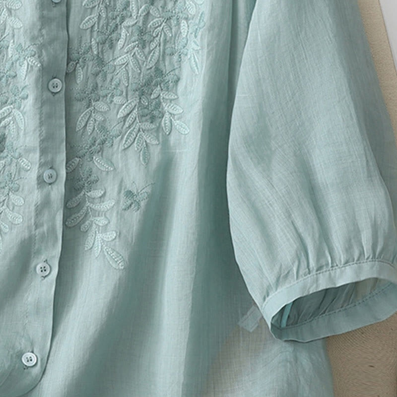 Koszula damska z bawełny i lnu, haftowane kwiaty, jednorzędowa, z Buddha Stones - image 23